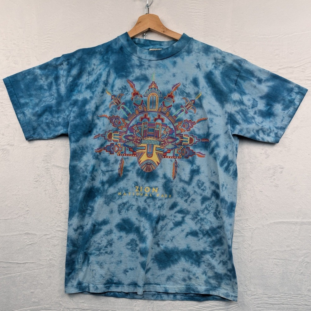VTG Tultex T-Shirt Men's Large Blue Zion National Park Tie Dye Aztec Art  90s